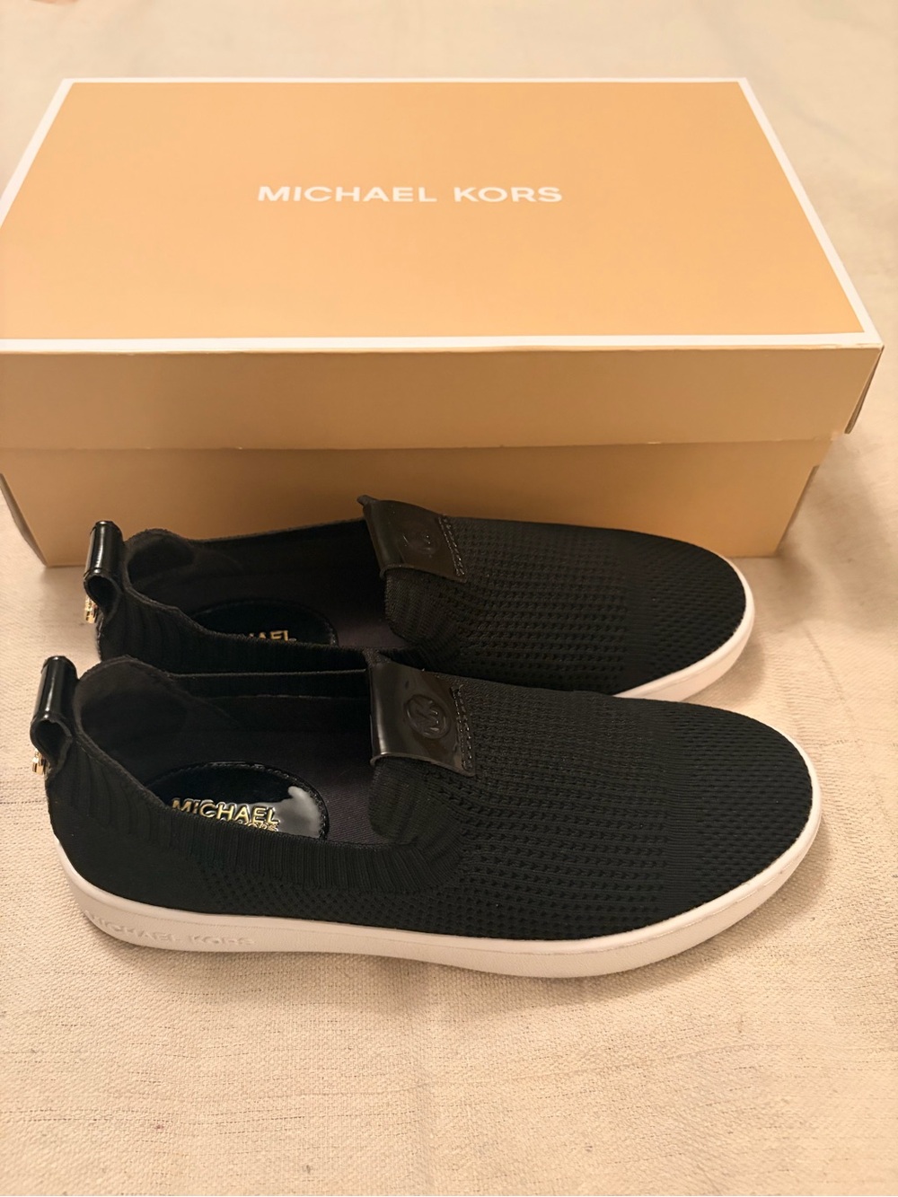 Michael Kors Black Knit Slip-On Sneakers with White Sole